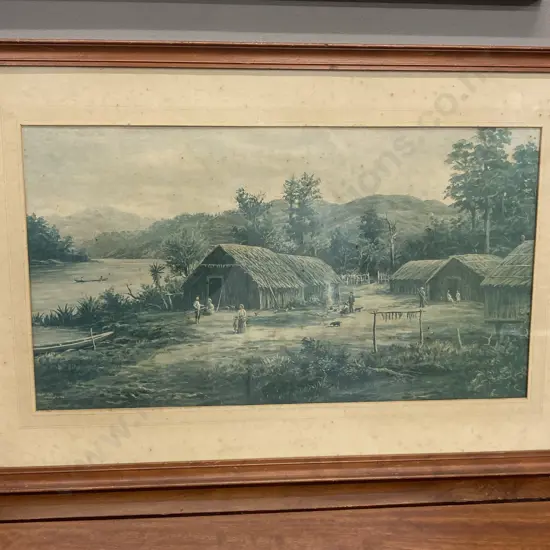 'Maori Pah, Waikato River' by W.G. Baker Framed Glazed Print In Vintage Condition. 41 x 62cm